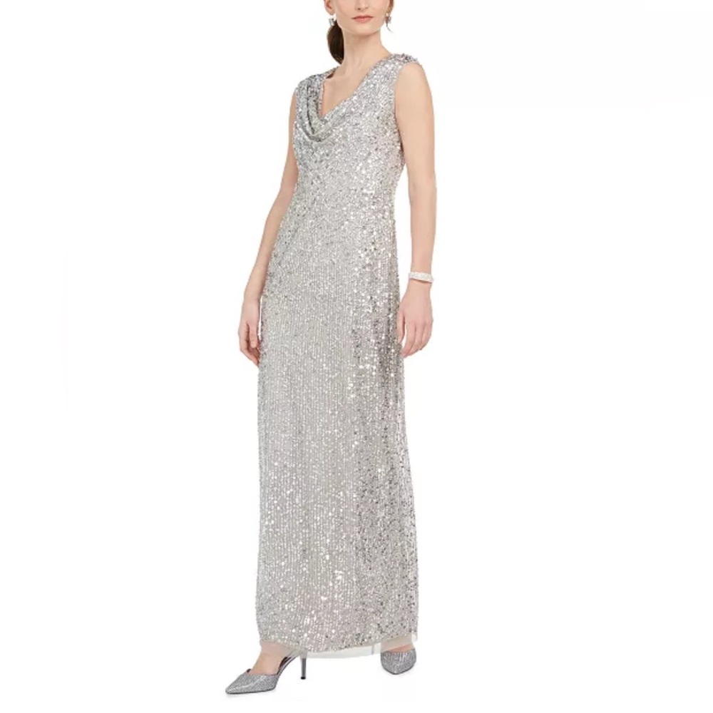 Adrianna Papell Women’s Beaded Cowl-Neck Silver Gown Sz12